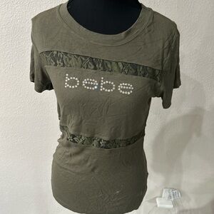 Bebe Dark Green Lace Detail Short Sleeve Top